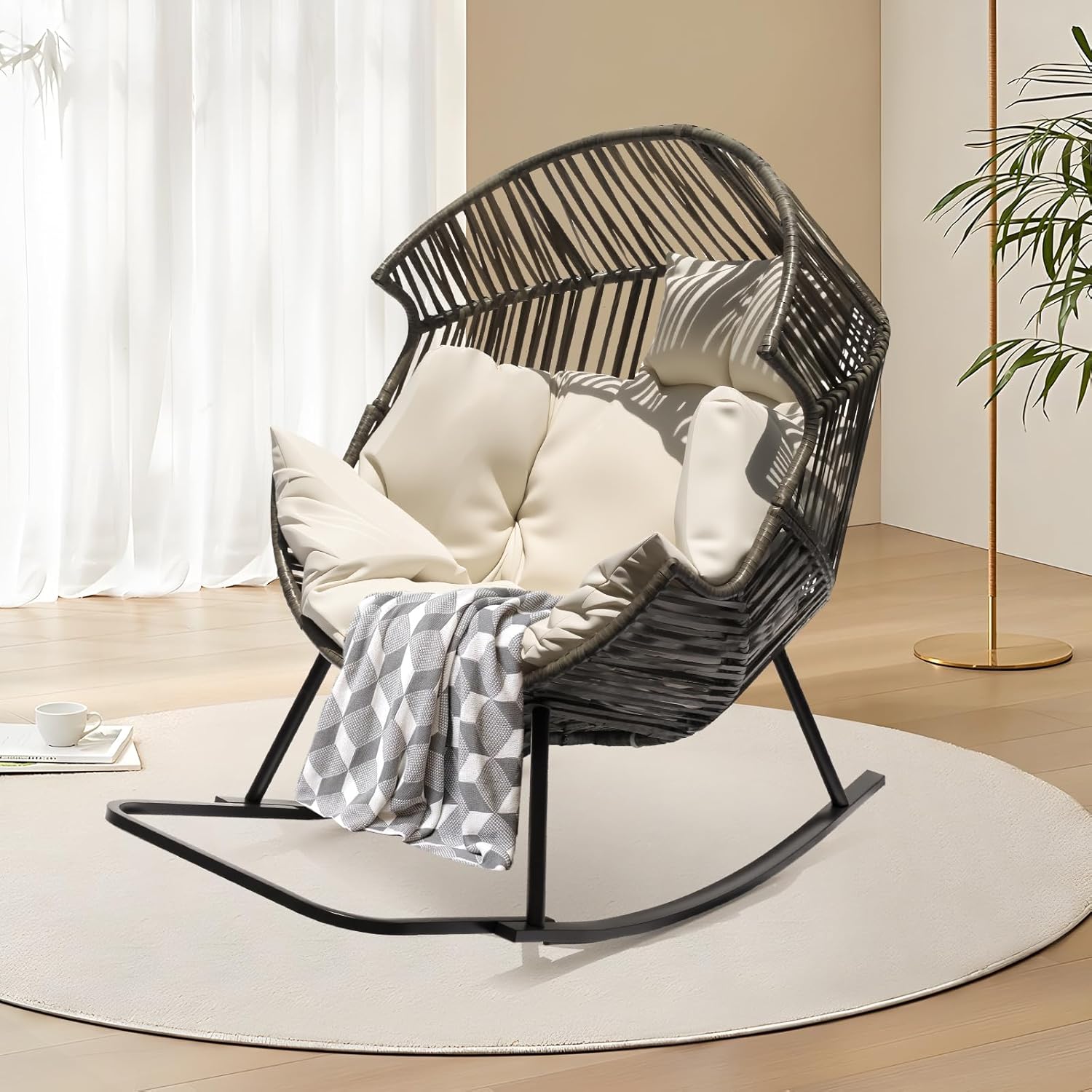 Oversized PE Rattan Rocking Recliner with Thick Cushion Outdoor and Indoor Rocking Chair