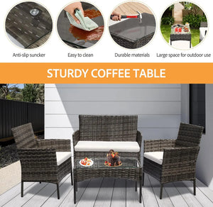 Grey rattan patio set highlighting the glass-top coffee table, tabletop suction cups and wipe-clean surface.