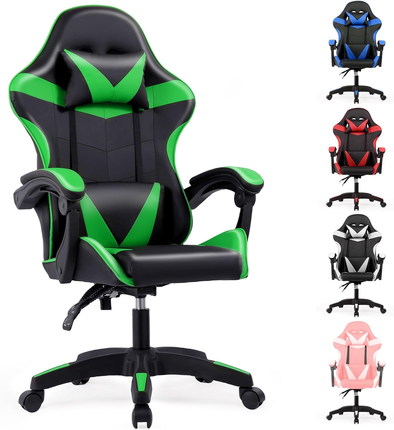 Computer Gaming Chair Racing Style with Lumbar Support, PU Leather Ergonomic Gamer Chair with Headrest & Swivel Wheels for Home Office E-Sports