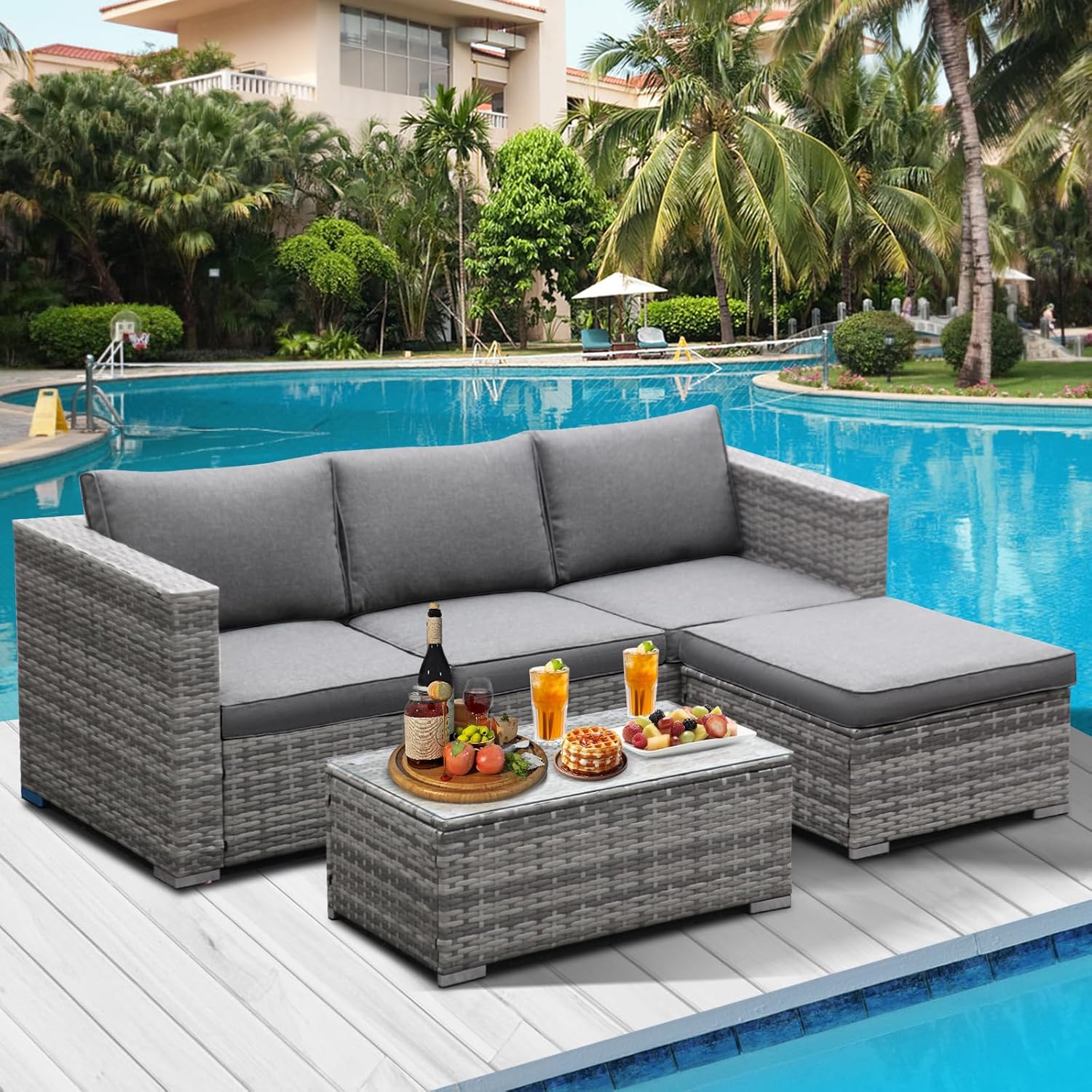 3PCS Garden Grey Rattan Corner Sofa With Coffee Table & Footstool