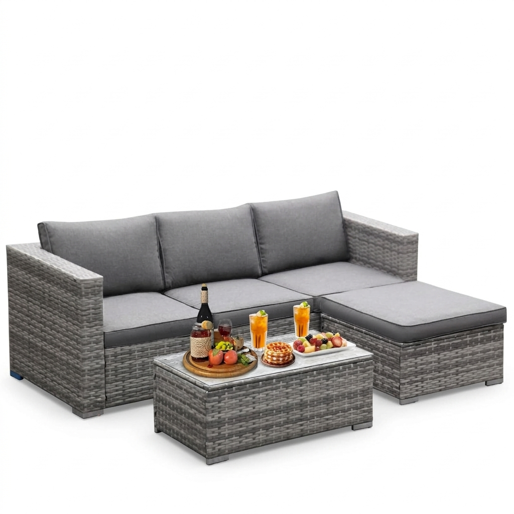 3PCS Grey Rattan Corner Sofa Set with Coffee Table & Footstool – Modern Garden Furniture