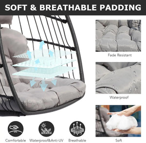 Close-up of grey hanging egg chair showing soft, breathable, waterproof and UV-resistant cushion padding