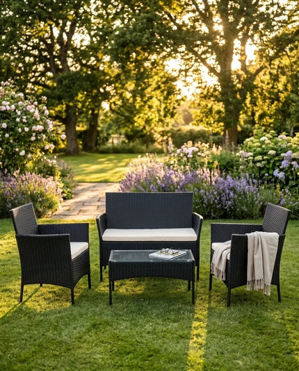 4-Piece Black Rattan Garden Sofa Set with Coffee Table & Chairs