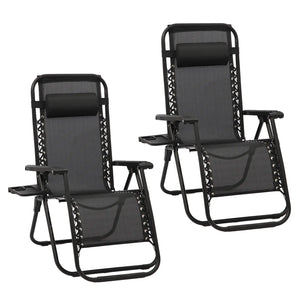 Pair of black zero-gravity reclining garden chairs with adjustable headrests and side trays on a white background