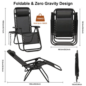 Black zero-gravity recliner chair showing foldable design, reclining position, dimensions and 150 kg weight capacity