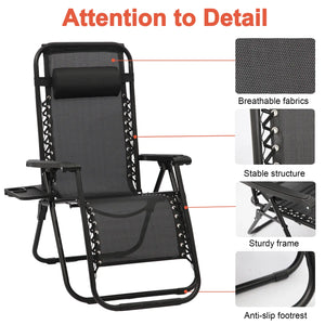 Black zero-gravity reclining chair showing breathable fabric, sturdy frame, stable structure and anti-slip footrest