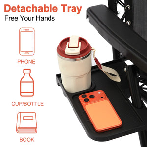 Detachable side tray attached to a black zero-gravity reclining chair, holding a phone, cup and book