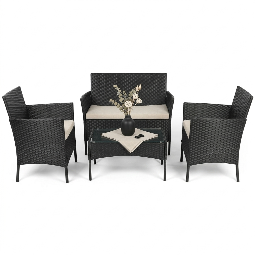 4PC Outdoor Sofa Garden Rattan Sofa Set w/ Coffee Table & Chairs