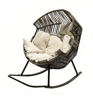Oversized grey egg rattan rocking chair with thick cushion