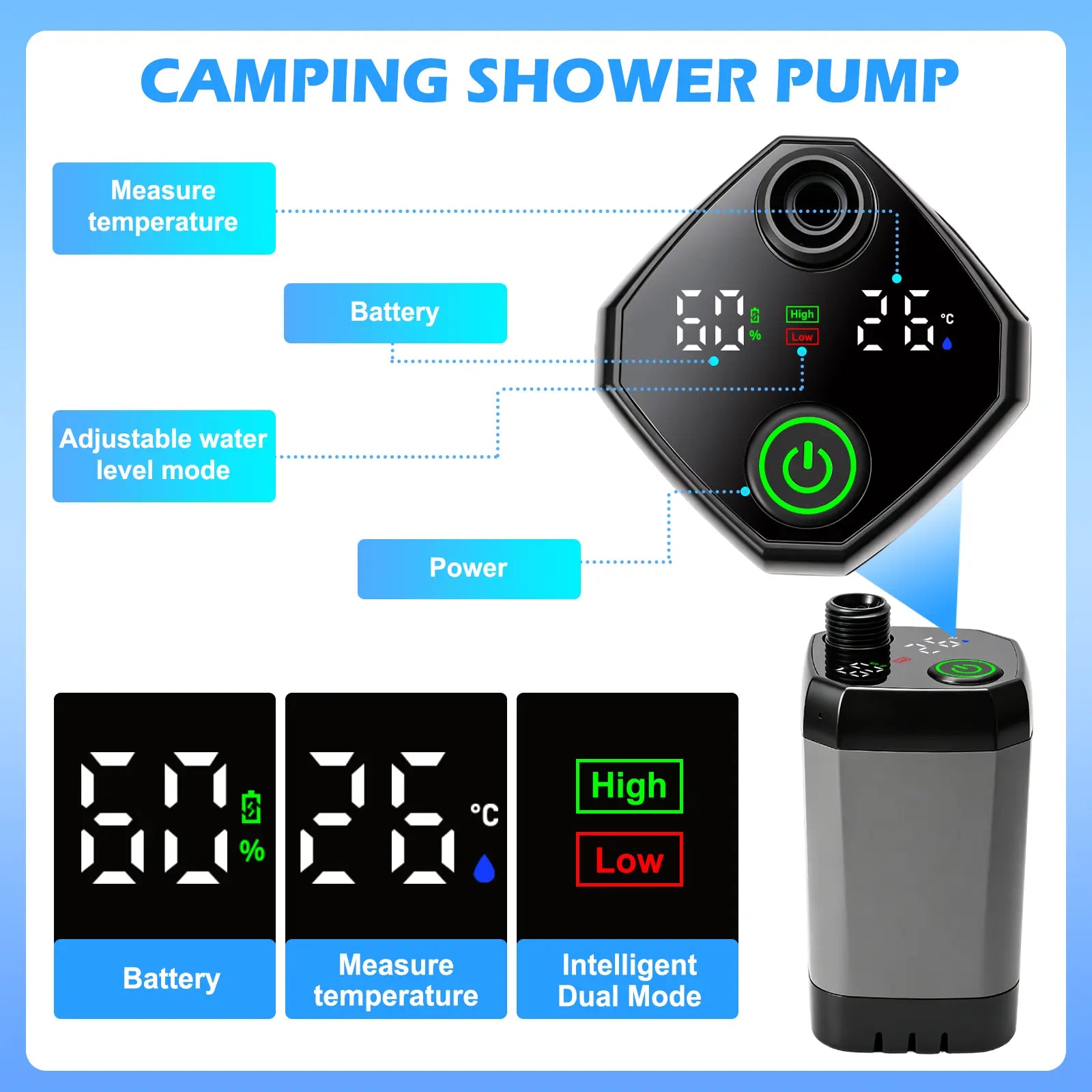 Portable Rechargeable Camping Shower with 6000mAh Battery & Digital Display