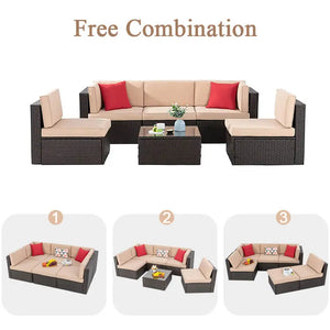 Modular rattan sofa set with beige cushions, showing three alternative seating layouts including corner sofa arrangements.