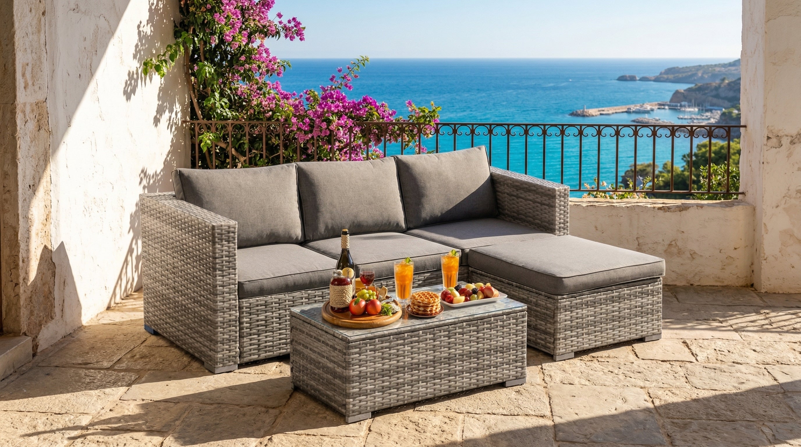 Premium rattan outdoor sofa on Mediterranean terrace
