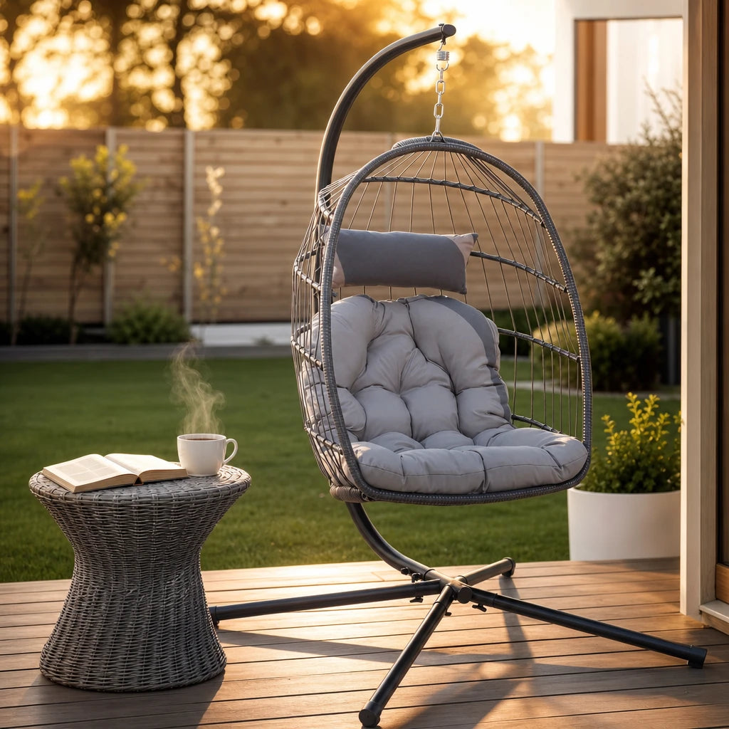 Premium Grey Rattan Hanging Egg Chair with Stand | Foldable Indoor & Outdoor Garden Swing