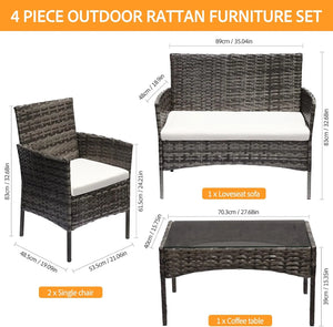 Dimensions of the grey rattan patio set, showing the loveseat, armchairs and rectangular coffee table.