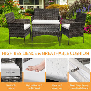 Grey rattan furniture set in a garden, with close-ups of the 6.5 cm seat cushion, cushion cover and zipper.