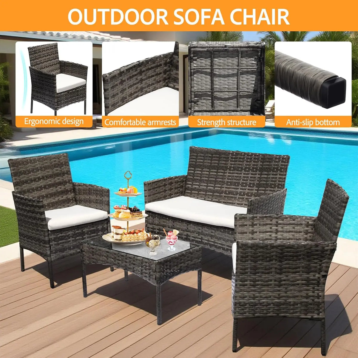 Grey rattan patio set beside a pool, with close-ups of the chair profile, armrests, support frame and foot caps.
