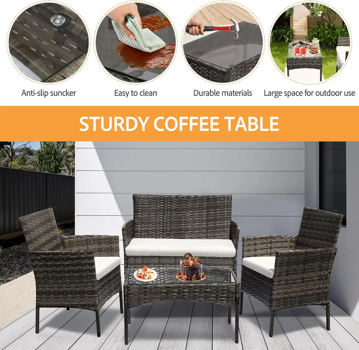 Grey rattan patio set highlighting the glass-top coffee table, tabletop suction cups and wipe-clean surface.