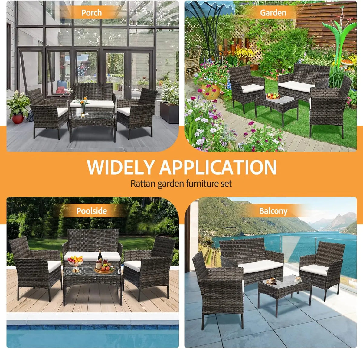 Grey rattan 4-piece furniture set shown in four settings: a porch, garden, poolside deck and balcony.