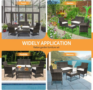 Grey rattan 4-piece furniture set shown in four settings: a porch, garden, poolside deck and balcony.