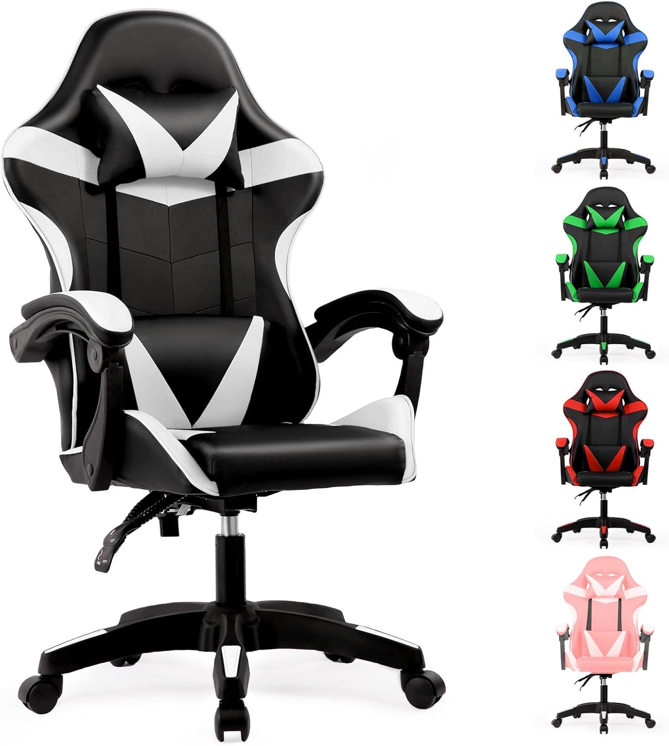 Computer Gaming Chair Racing Style with Lumbar Support, PU Leather Ergonomic Gamer Chair with Headrest & Swivel Wheels for Home Office E-Sports
