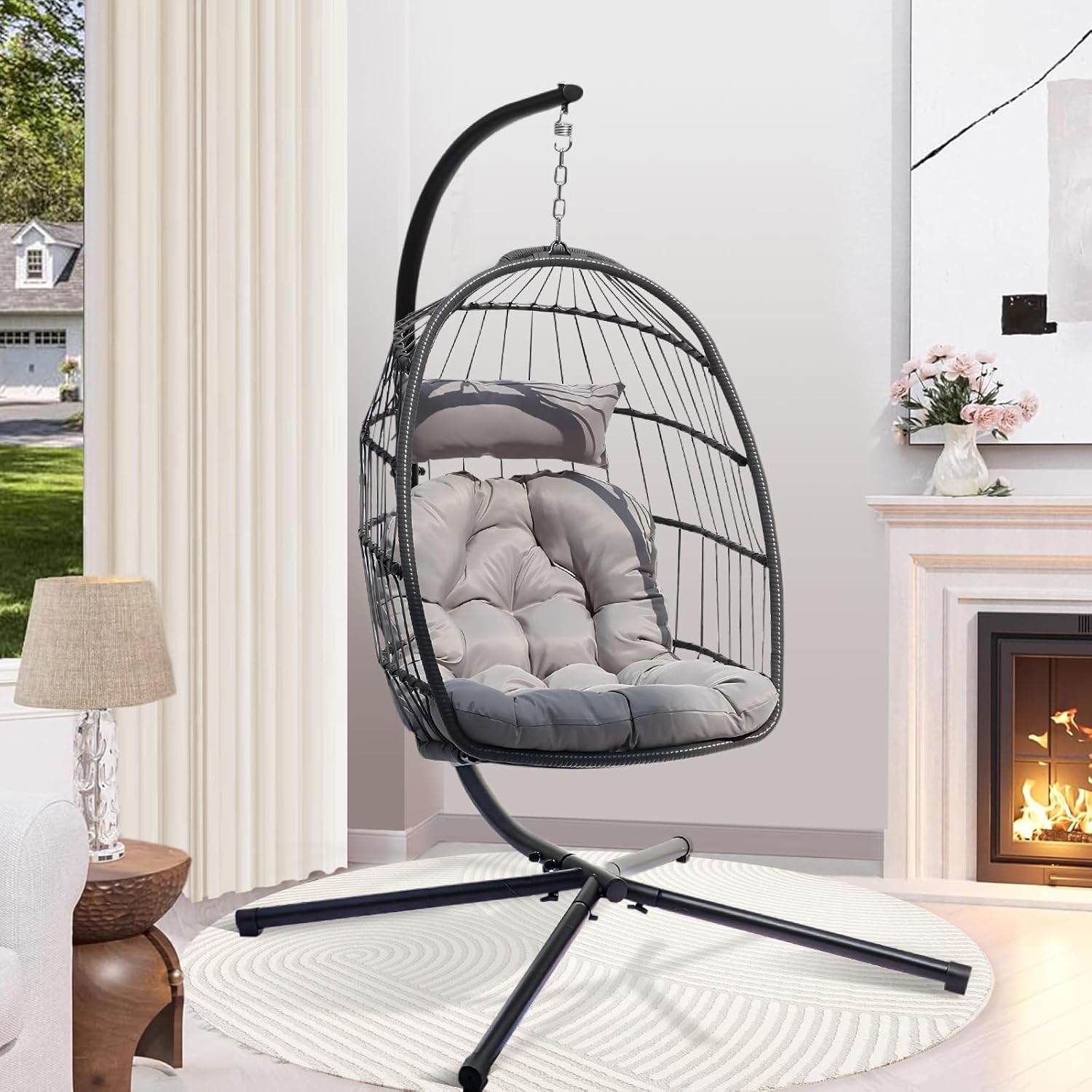 Premium Grey Rattan Hanging Egg Chair with Stand | Foldable Indoor & Outdoor Garden Swing
