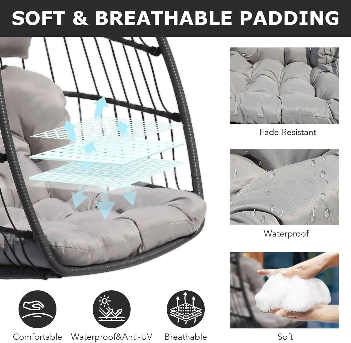 Close-up of grey hanging egg chair showing soft, breathable, waterproof and UV-resistant cushion padding
