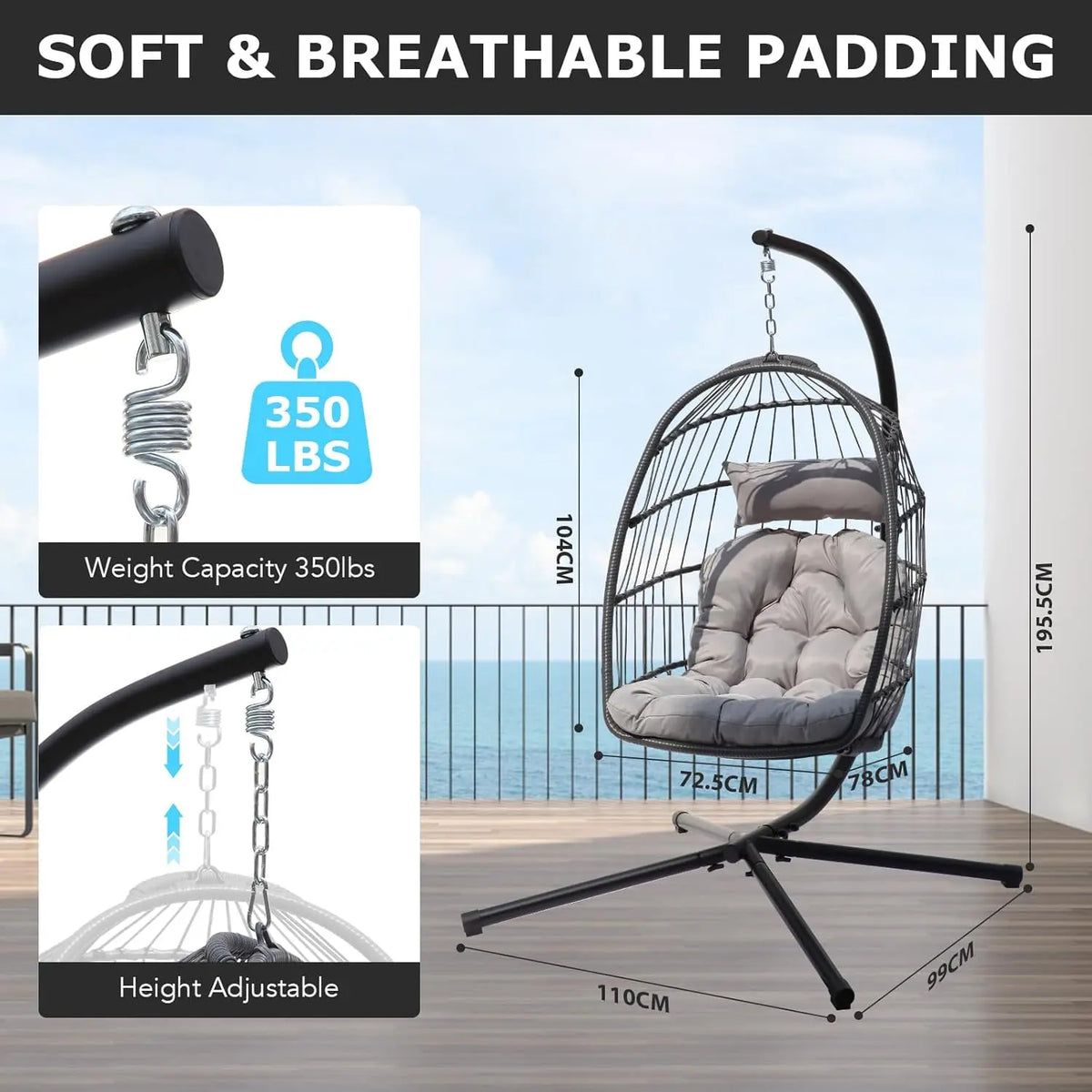 Grey hanging egg chair with adjustable height, 350-pound weight capacity and dimension details