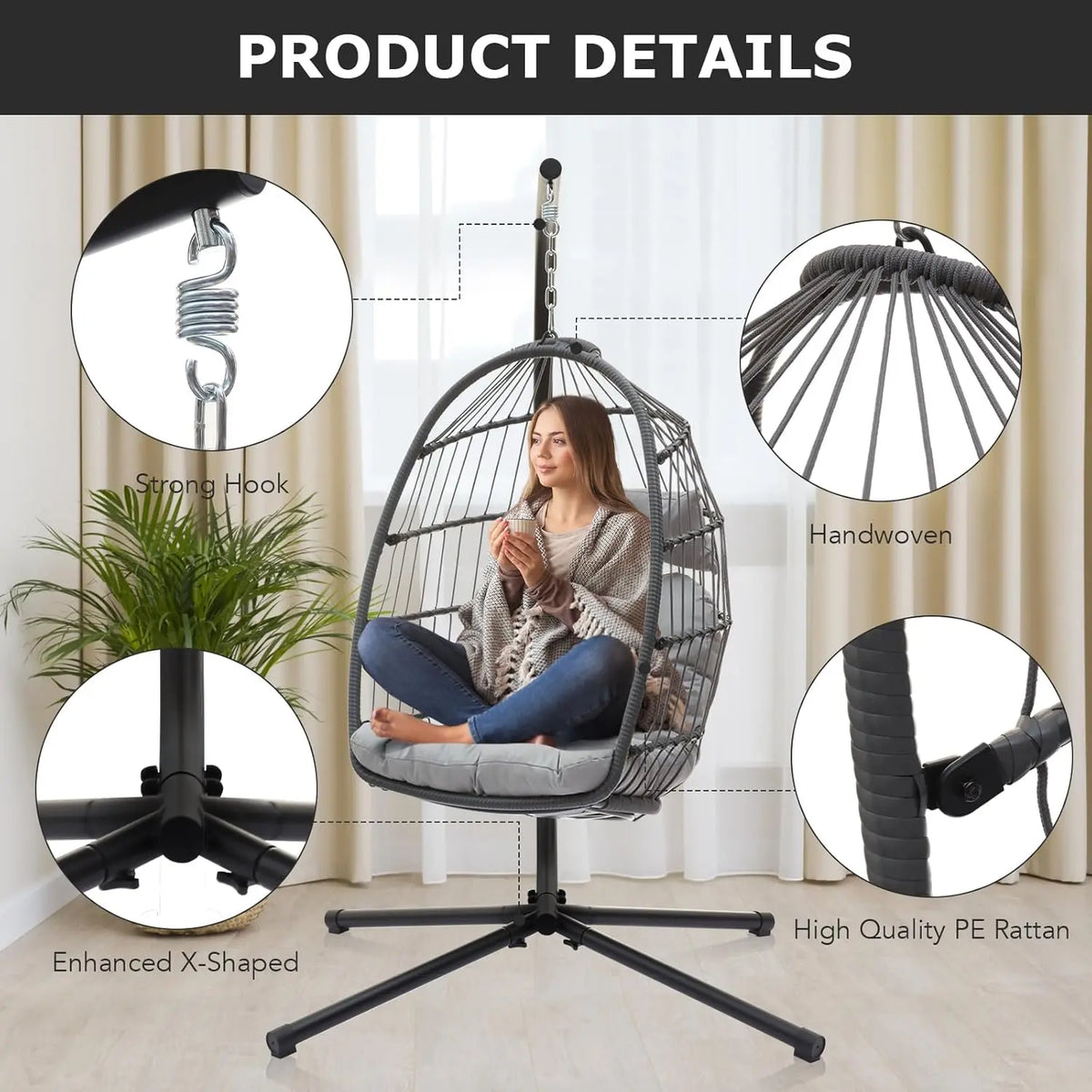 Woman relaxing in a handwoven grey PE rattan hanging egg chair with strong hook and X-shaped base