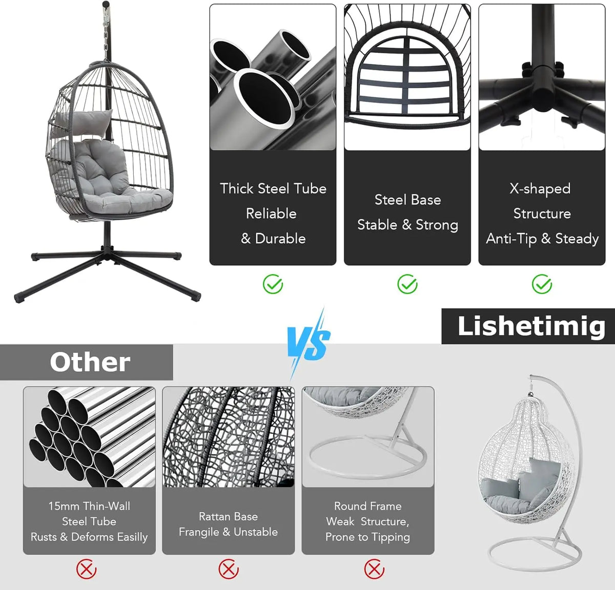 Grey hanging egg chair featuring thick steel tubing, stable steel base and anti-tip X-shaped structure