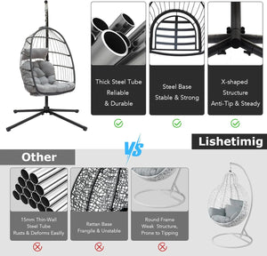 Grey hanging egg chair featuring thick steel tubing, stable steel base and anti-tip X-shaped structure