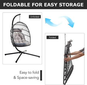 Foldable grey hanging egg chair shown unfolded and folded for easy storage and space saving