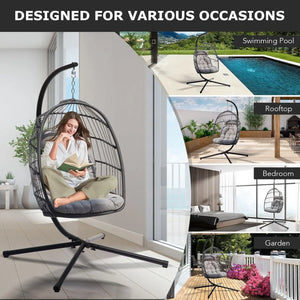 Grey hanging egg chair used indoors, beside a swimming pool, on a rooftop and in a garden