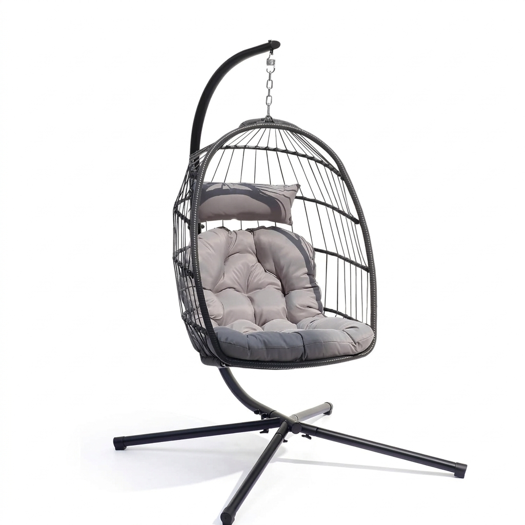 Premium Grey Rattan Hanging Egg Chair with Stand | Foldable Indoor & Outdoor Garden Swing