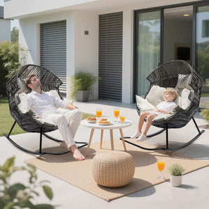 Cosy garden retreat setup with grey rattan egg rocking chair