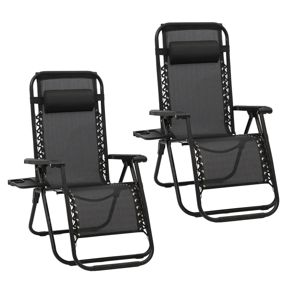 Pair of black zero-gravity reclining garden chairs with adjustable headrests and side trays on a white background