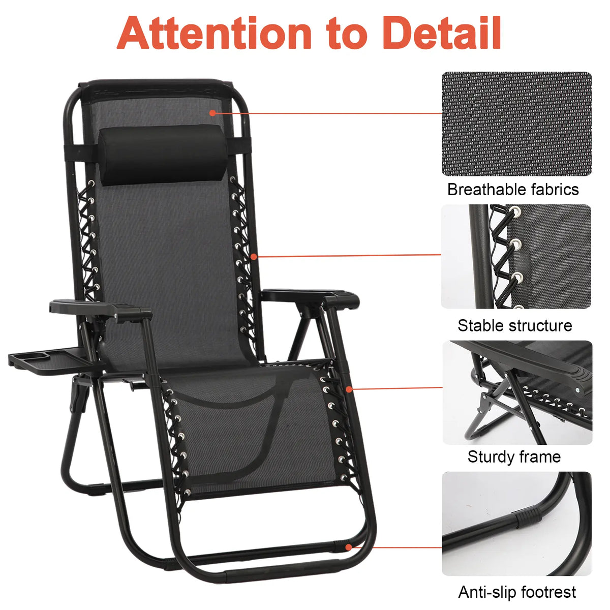 Black zero-gravity reclining chair showing breathable fabric, sturdy frame, stable structure and anti-slip footrest