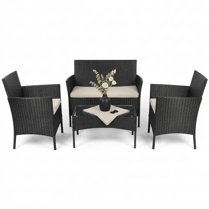 4-Piece Black Rattan Garden Sofa Set with Coffee Table & Chairs