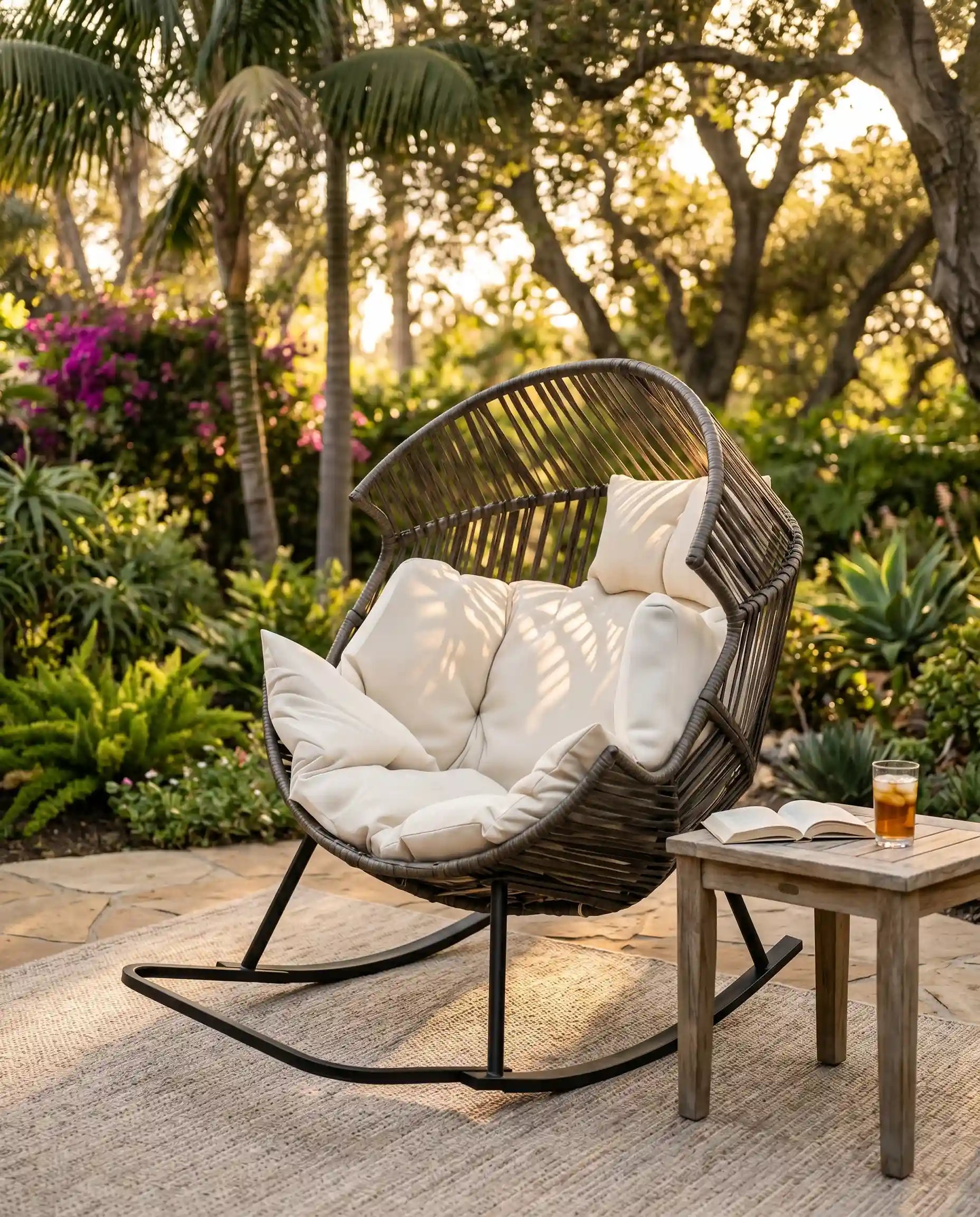 Grey rattan rocking chair styled in a cosy garden