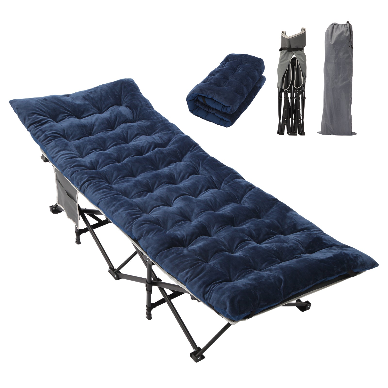 Portable Folding Camping Cot with Cushion - Oversized Heavy Duty Camp Bed Supports 350LBS, Foldable Travel Cot for Outdoor & Home Use with Carry Bag