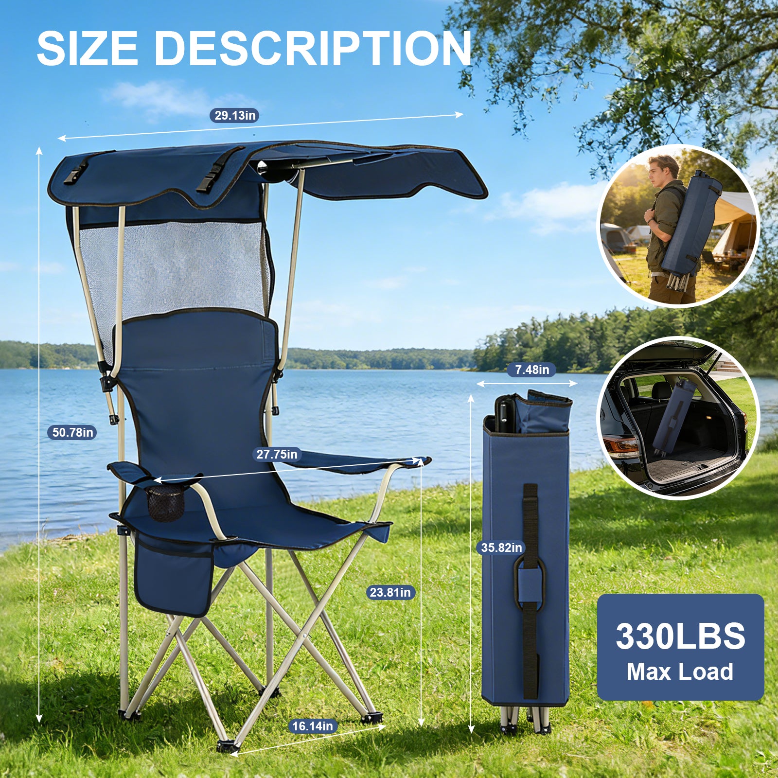Portable Folding Camping Chair with Canopy | Breathable Mesh Back, 250 lbs Capacity, Lightweight & Compact with Carry Bag for Camping, Beach, Hiking & Picnics