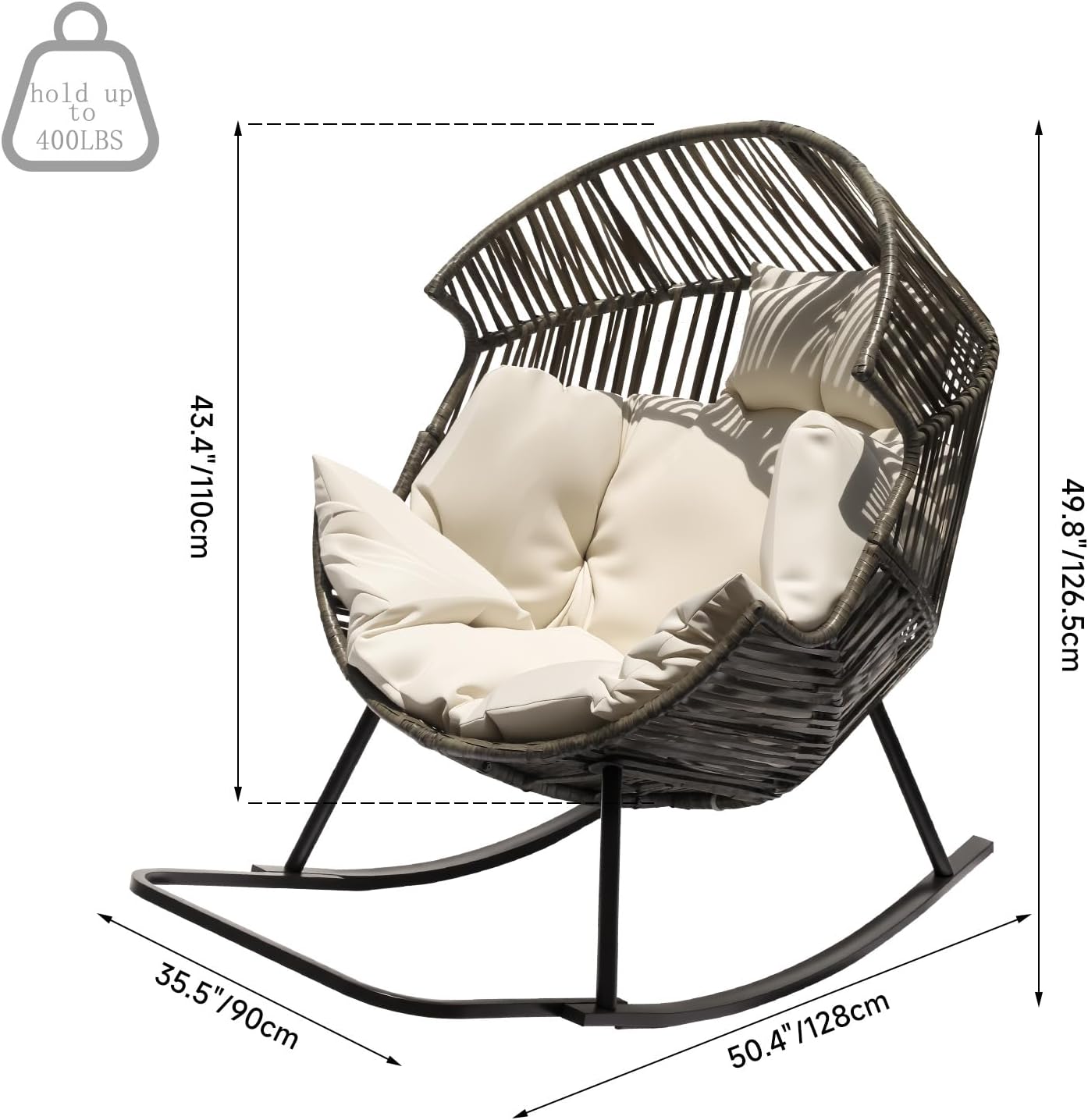 Size guide diagram of oversized egg rocking chair showing dimensions 50.4"D x 35.5"W x 49.8"H and 400 lbs weight capacity