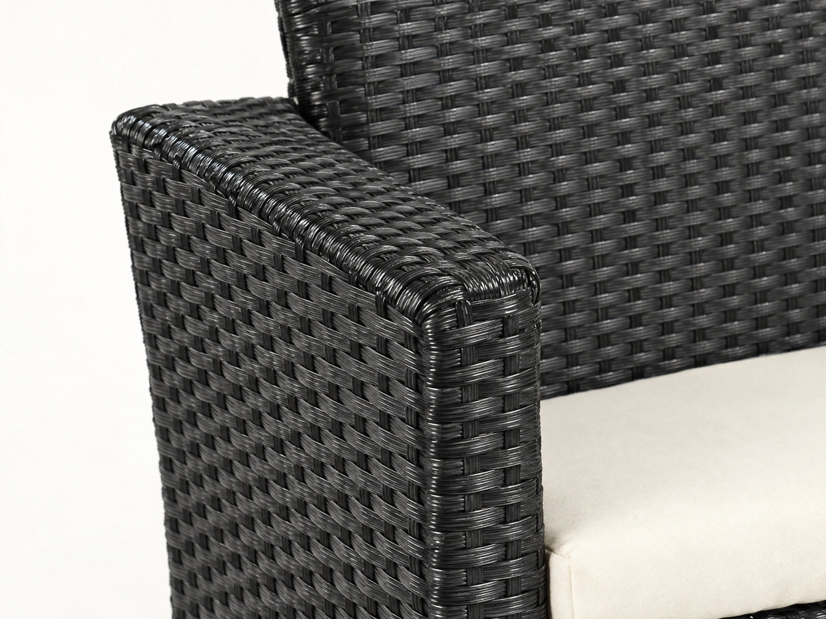Close-up of the black PE rattan weave and rounded armrest finish