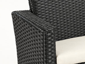Close-up of the black PE rattan weave and rounded armrest finish
