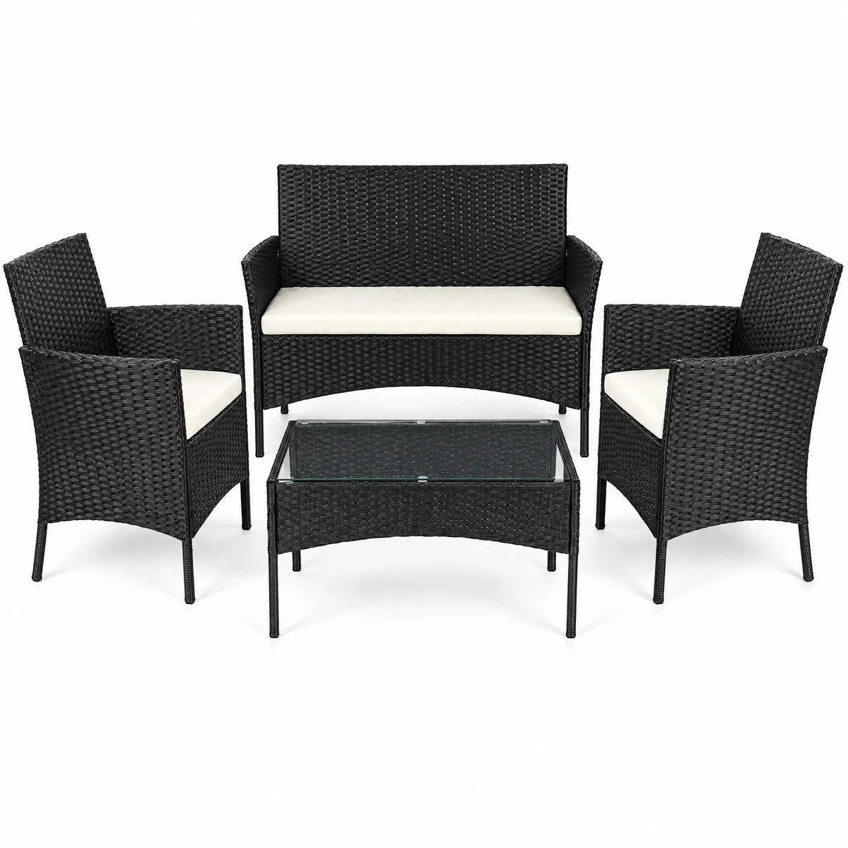 4-piece black rattan garden sofa set with two armchairs and a glass-top coffee table