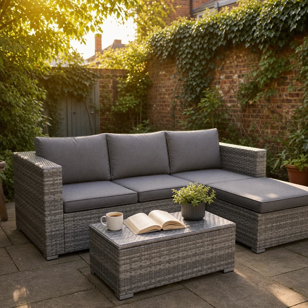 3PCS Grey Rattan Corner Sofa Set with Coffee Table & Footstool – Modern Garden Furniture