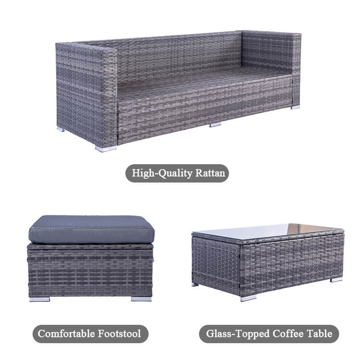 grey rattan sofa with table and footstool