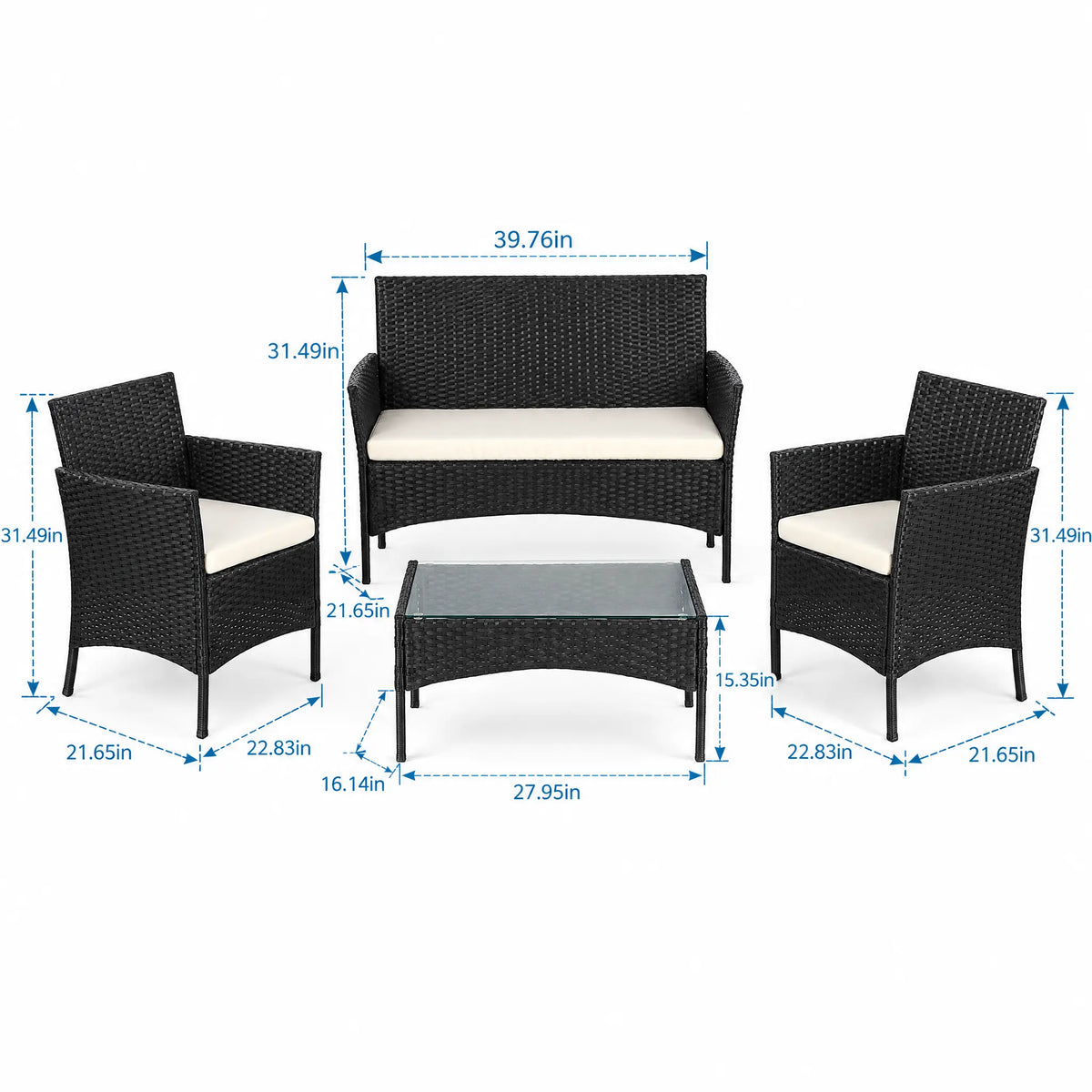 Dimensions of the two-seat sofa, armchairs and glass-top coffee table