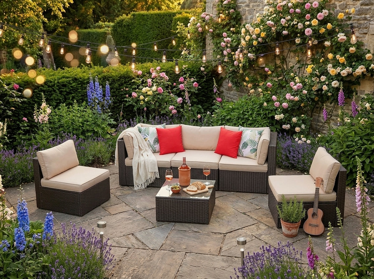 Beautiful UK garden party with rattan furniture and string lights